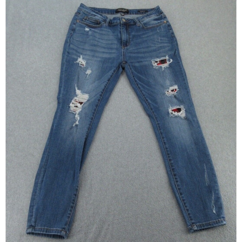 Judy Blue Womens Jeans Skinny Fit Blue Distressed Plaid Patch 13/31